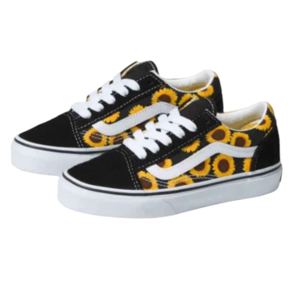 NWOT Vans size 2 Old Skool black with sunflower print lace-up running Shoes‎